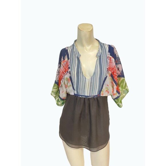 Anthropologie One September Floral Stripe Blouse Blue Multi Tie Back Top Small - Picture 1 of 5